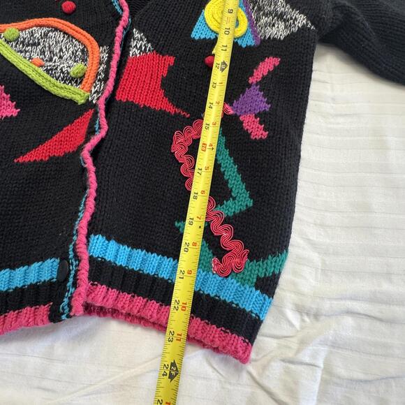 Vtg 80s Fetagetti Abstract Music Tescher Note Cardigan Knit Sweater Black Neon M - Picture 7 of 9